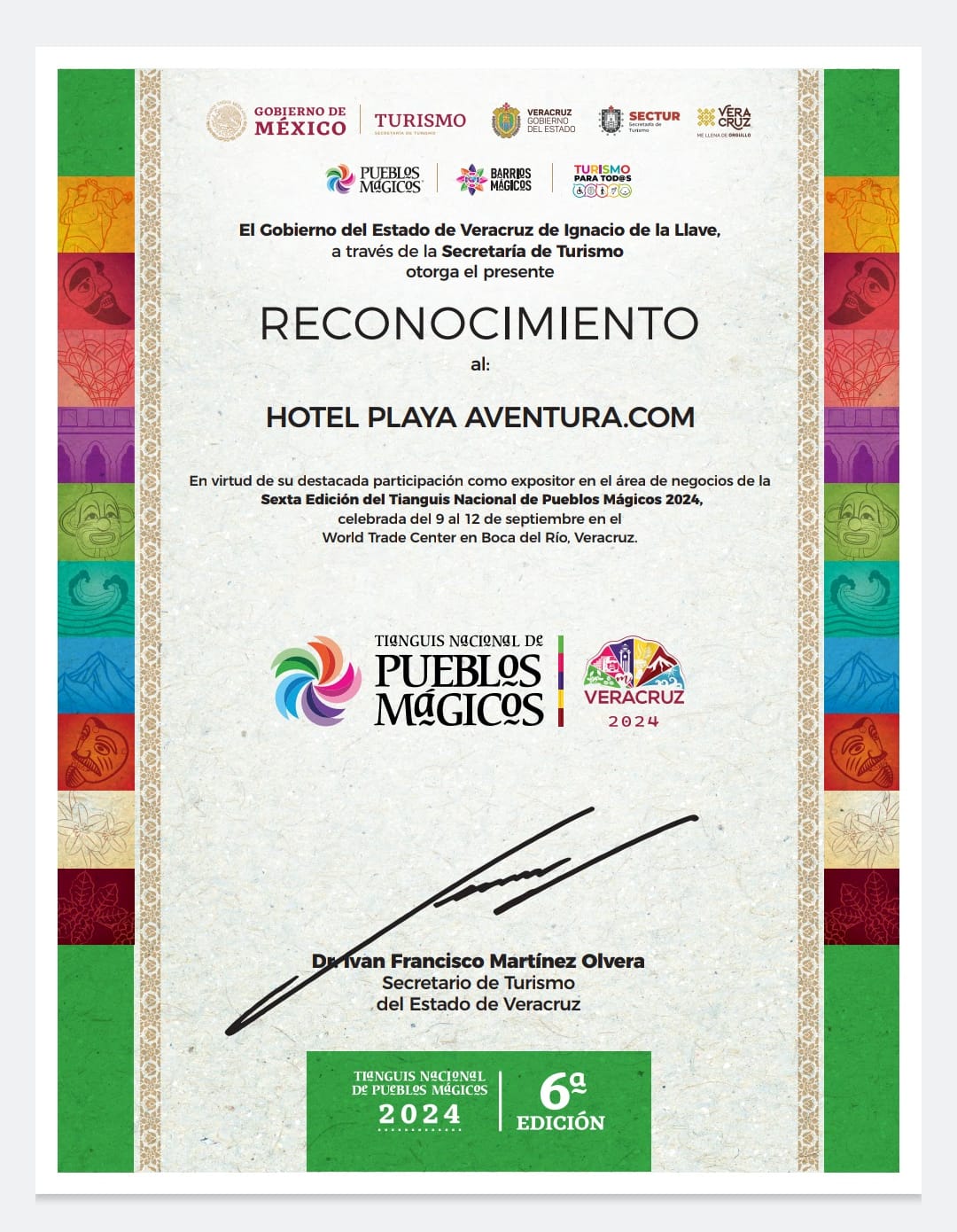 Reconocimiento del Tianguis Nacional de Pueblos Mágicos 2024 para Hotel Playa Aventura Tuxpan