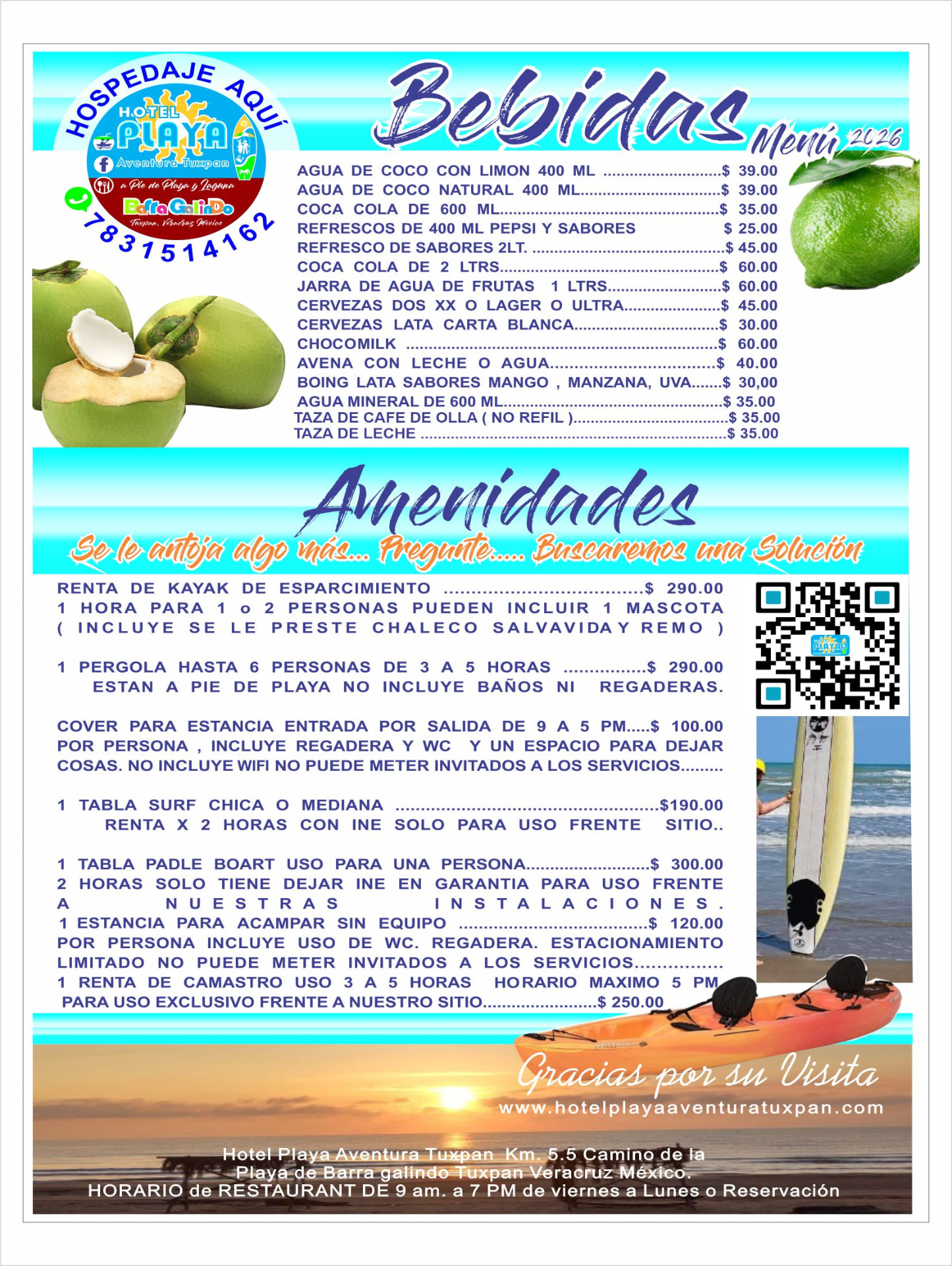 Menú de bebidas y amenidades (kayak, paddle, camping) con precios
