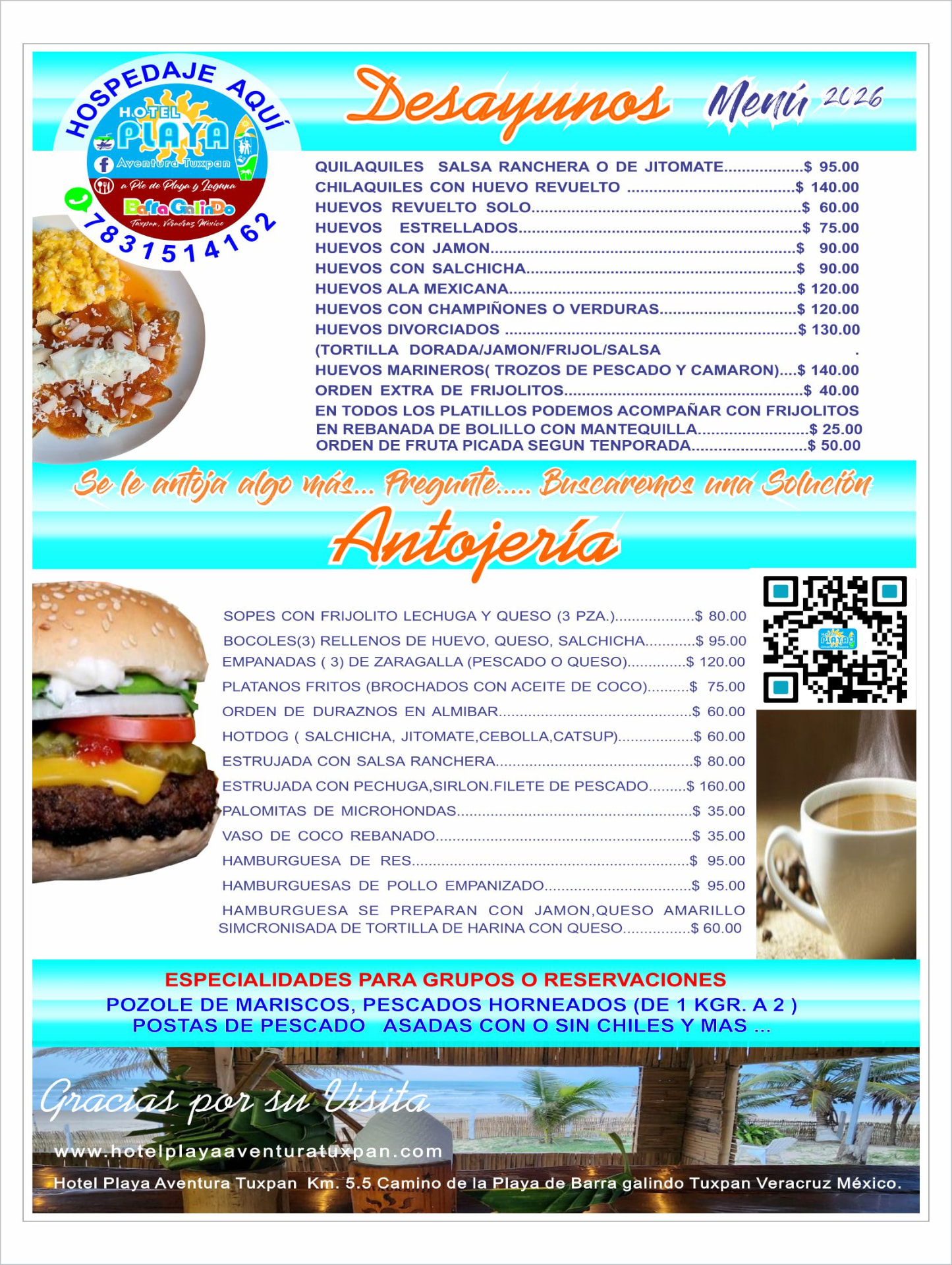 Menú de desayunos y antojería con precios