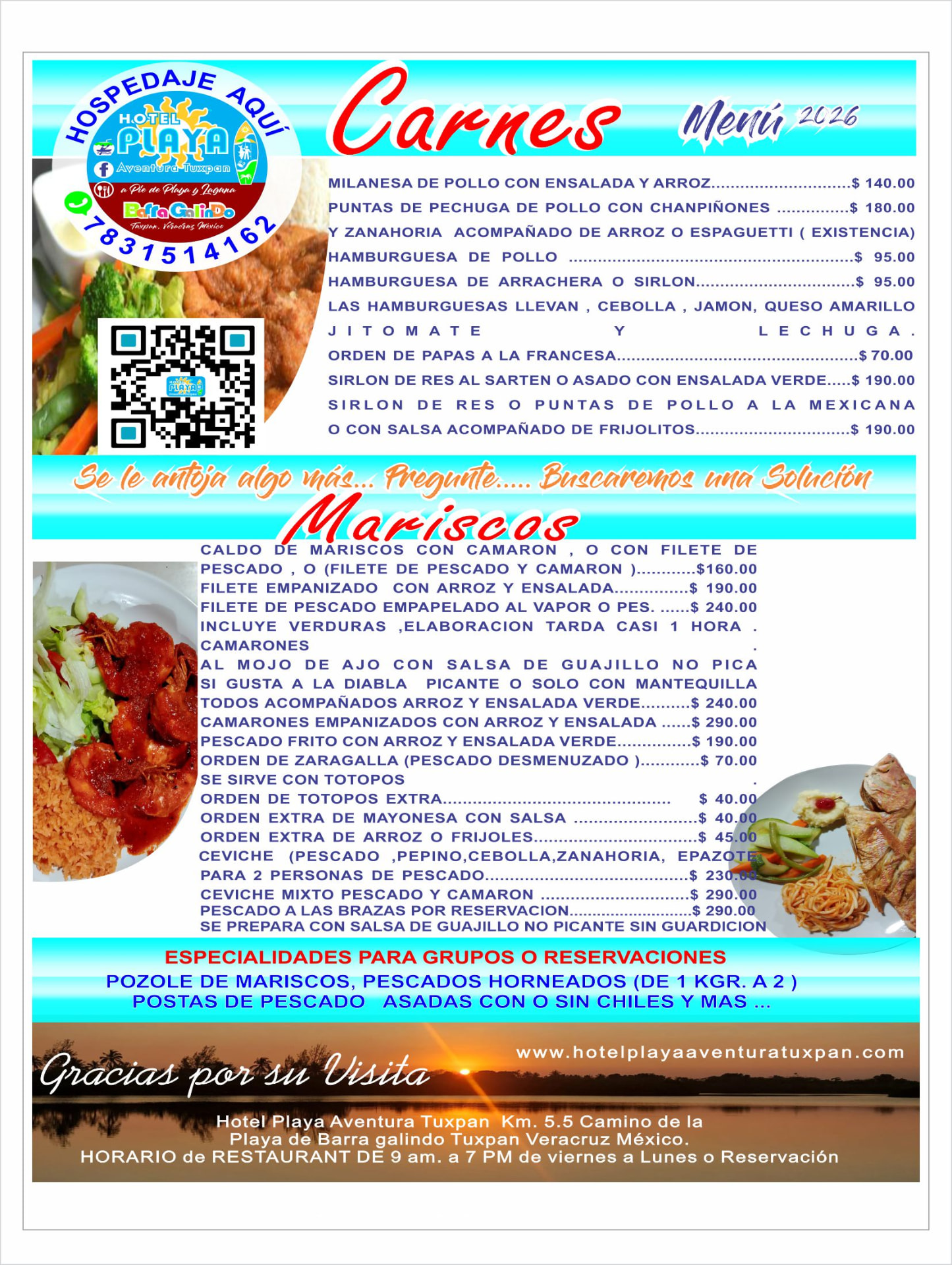 Menú de carnes y mariscos con precios